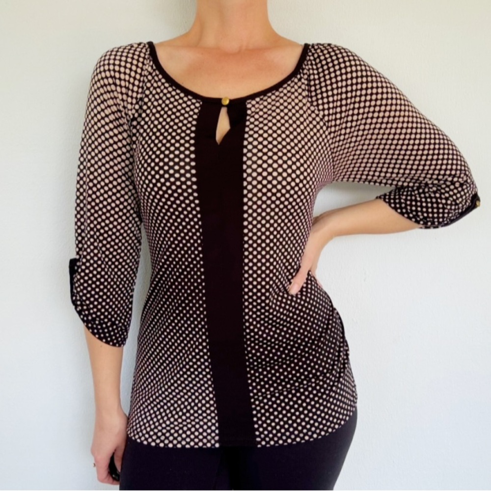 Agenda black and tan ombré dot print keyhole neck crop sleeve blouse size medium